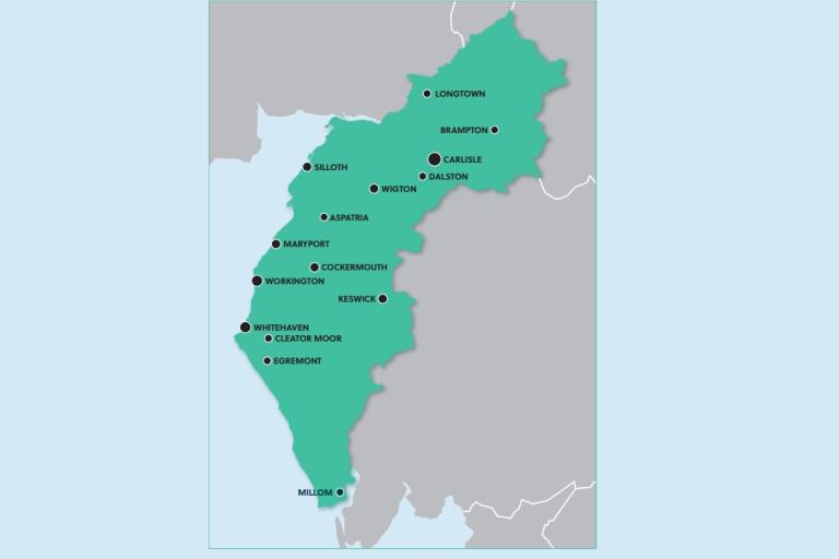 location map of cumberland region with town names including longtown brampton carlisle dalston wigton silloth aspatria maryport cockermouth workington keswick whitehaven cleator moor egremont millom