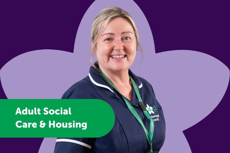 cumberland council staff member with text, adult social care and housing